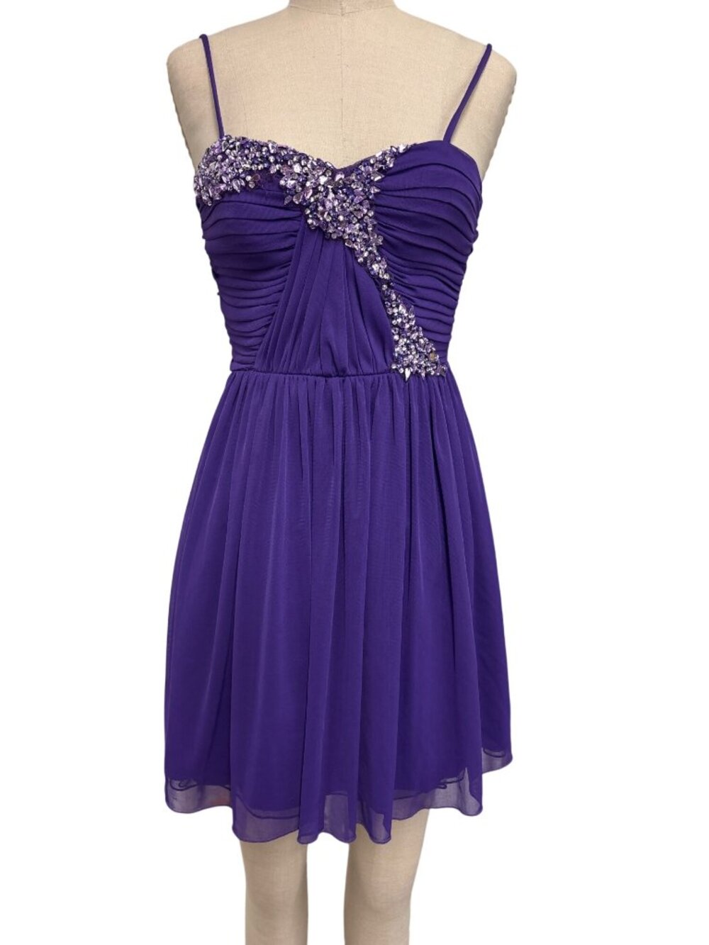 Vintage DEB Dress Purple Beaded Spaghetti Strap Chiffon Mini Size 5 Ruched Bust